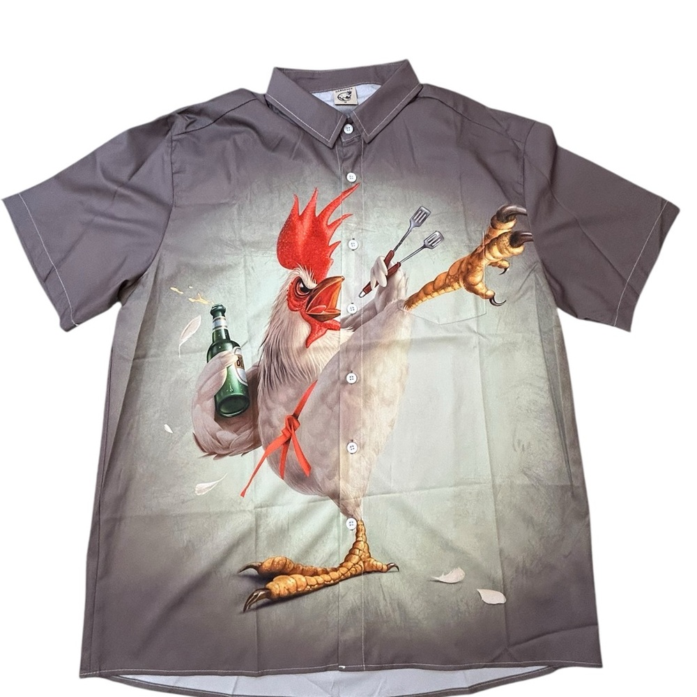 Hardaddy Men’s‎ Gray Rooster Grillmaster Summer Beer Tongs Graphic BBQ Shirt M